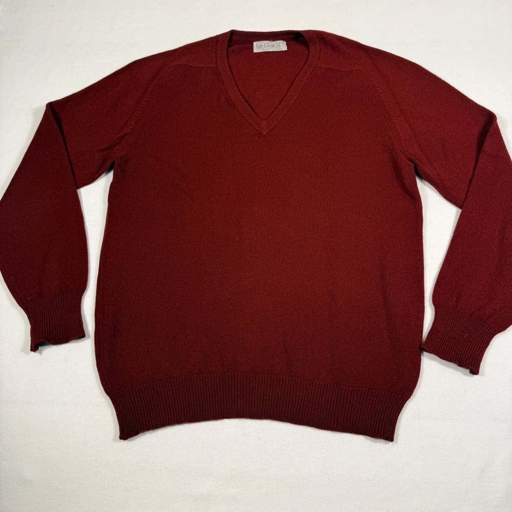 Lyle & Scott V-Neck Sweater 38 Burgundy Red 100% Pure Scottish Cashmere Raglan
